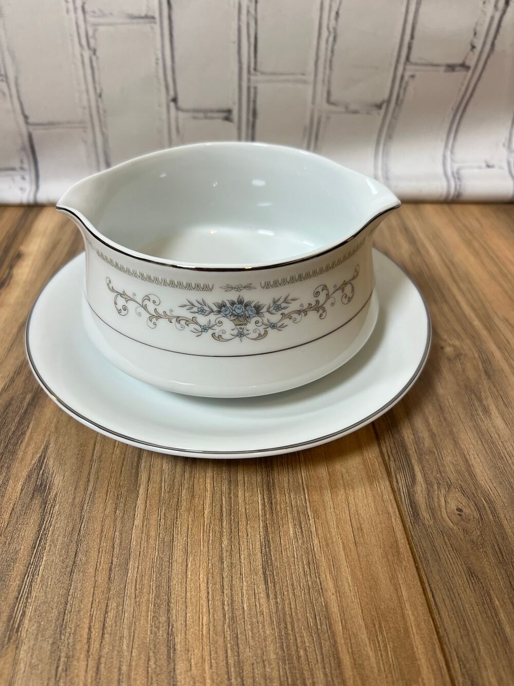 Vintage Diane Fine China Japan Gravy Boat Attached Underplate Blue Floral 7.75”